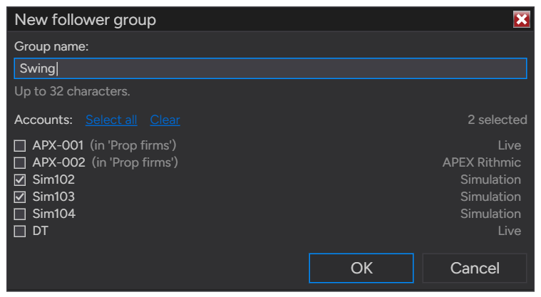The New follower group window with the name Swing, the hint Up to 32 characters, a list of accounts with their connection, two accounts checked and the counter 2 selected