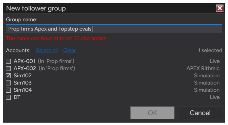 The New follower group window with a name of 33 characters, the red message The name can have at most 32 characters in place of the hint and OK disabled