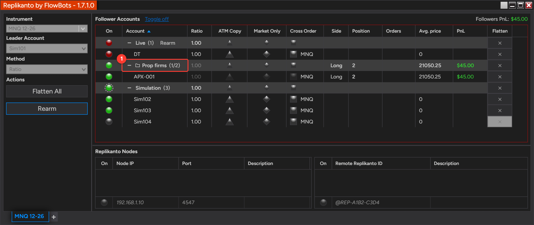 Follower Accounts grid where the custom group Prop firms shows (1/2) because one of its two accounts is not connected