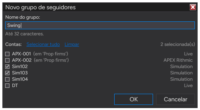 A janela Novo grupo de seguidores com o nome Swing, a dica Até 32 caracteres, a lista de contas com a conexão de cada uma, duas contas marcadas e o contador 2 selecionada(s)
