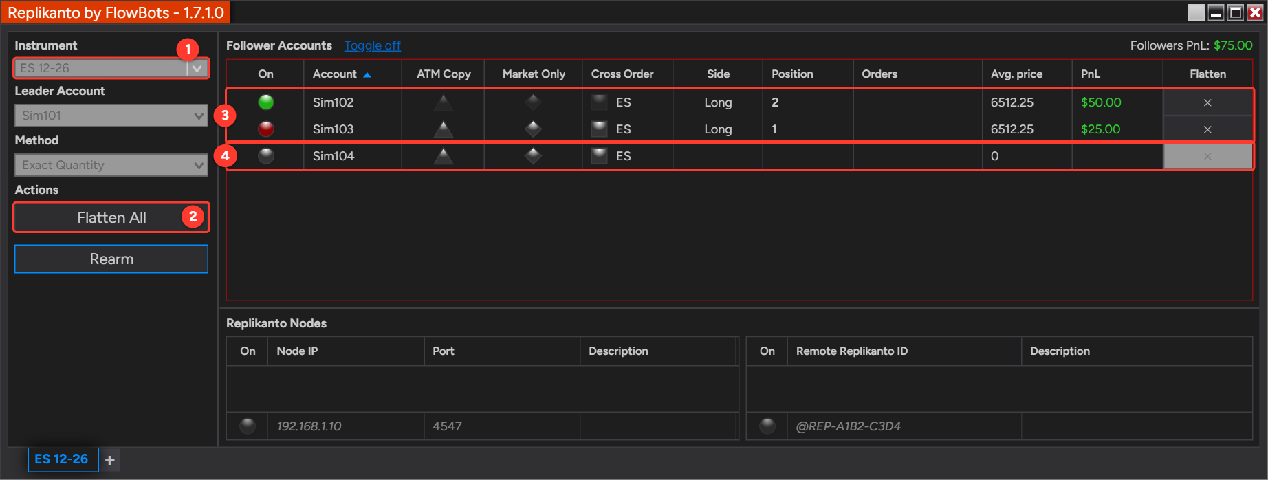 Replikanto window on ES 12-26 with Sim102 On and Sim103 Disarmed in a position and Sim104 Off, marking the instrument, the Flatten All button and the followers it closes