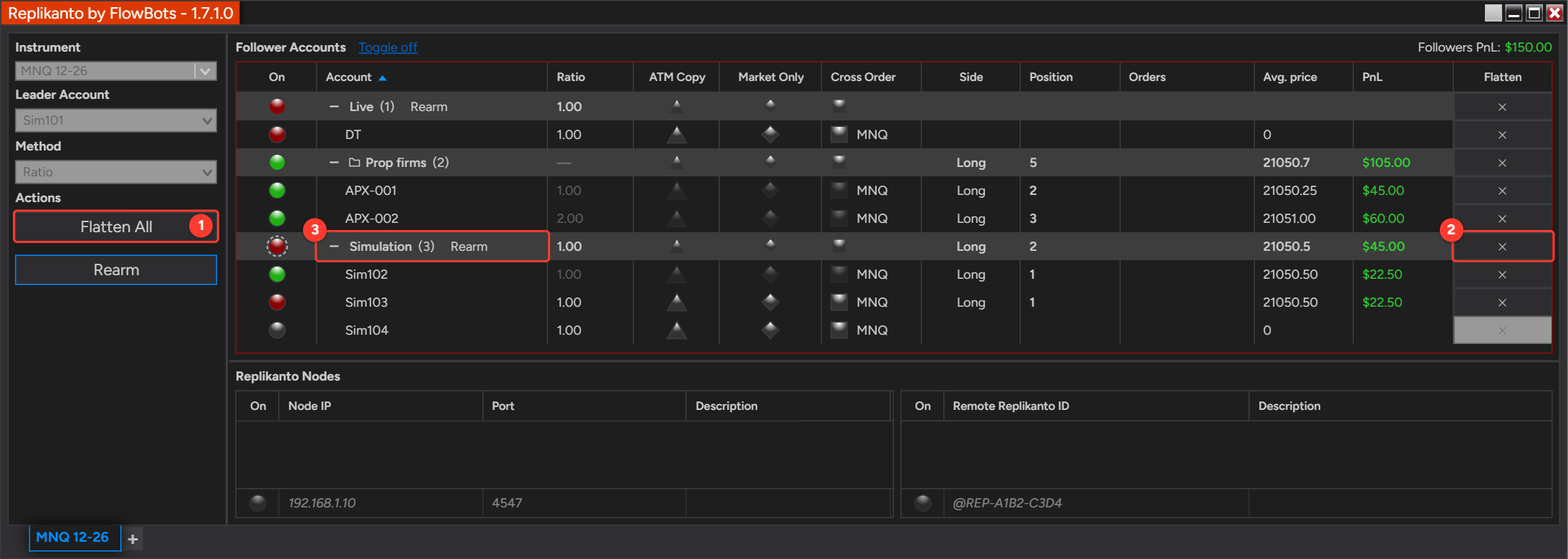 Replikanto window with followers grouped by connection: the Flatten All button of the tab, the Flatten button of the Simulation group header and the Rearm button next to the group name