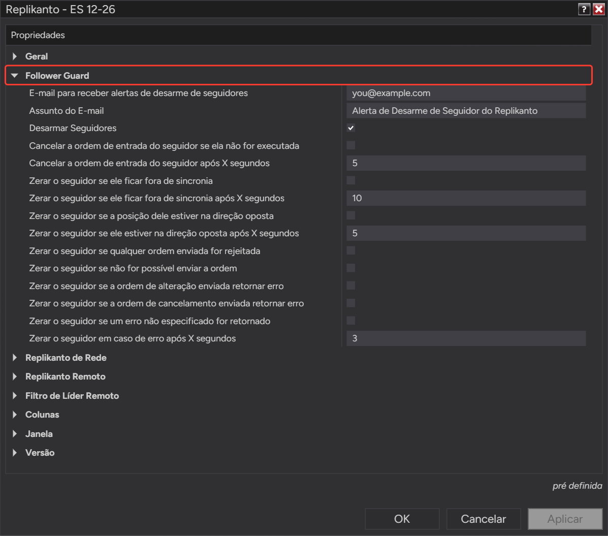 Propriedades do Replikanto com o grupo Follower Guard aberto, mostrando todas as opções