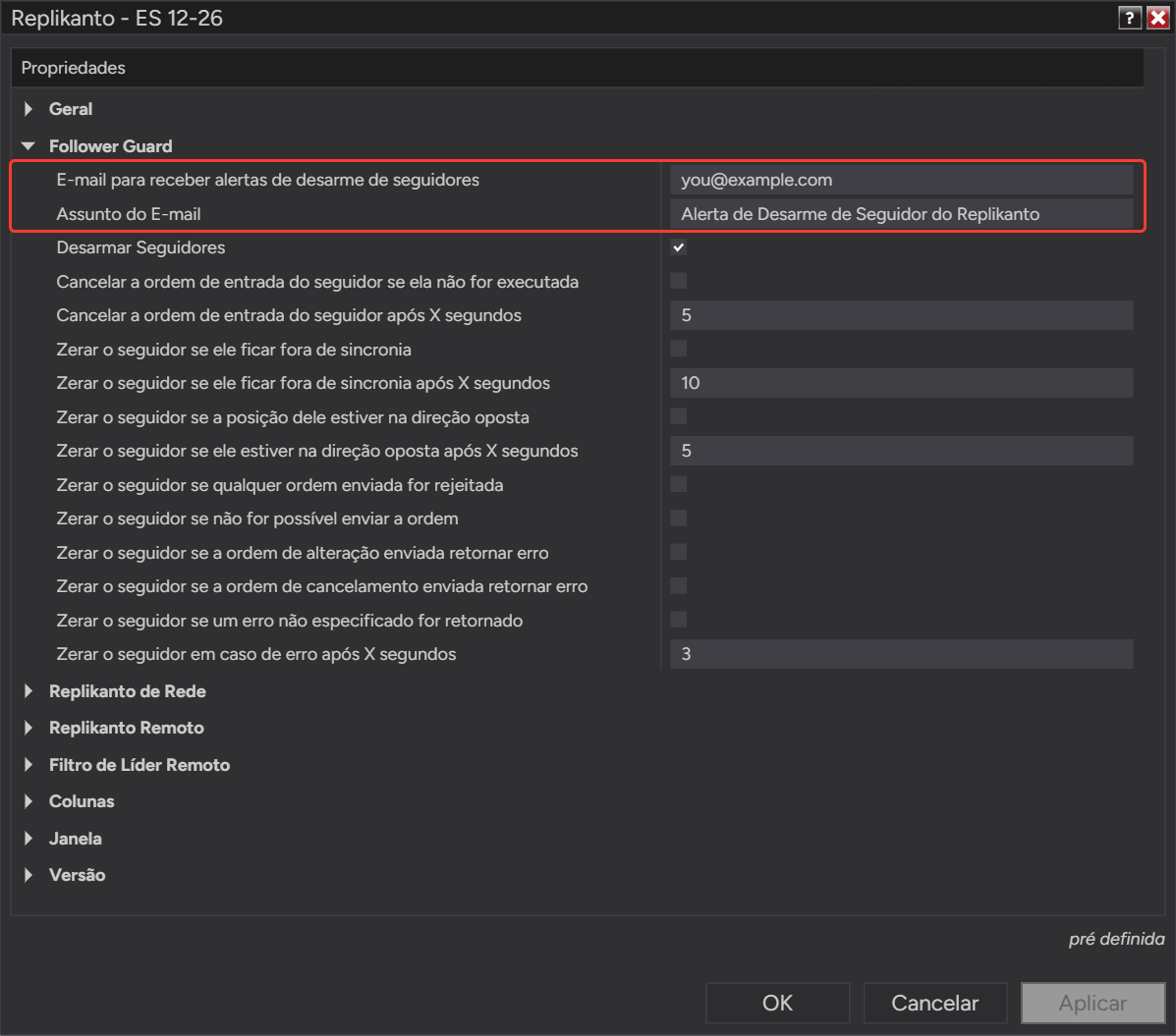 Propriedades do Replikanto, grupo Follower Guard, com os campos de endereço e de assunto do e-mail destacados