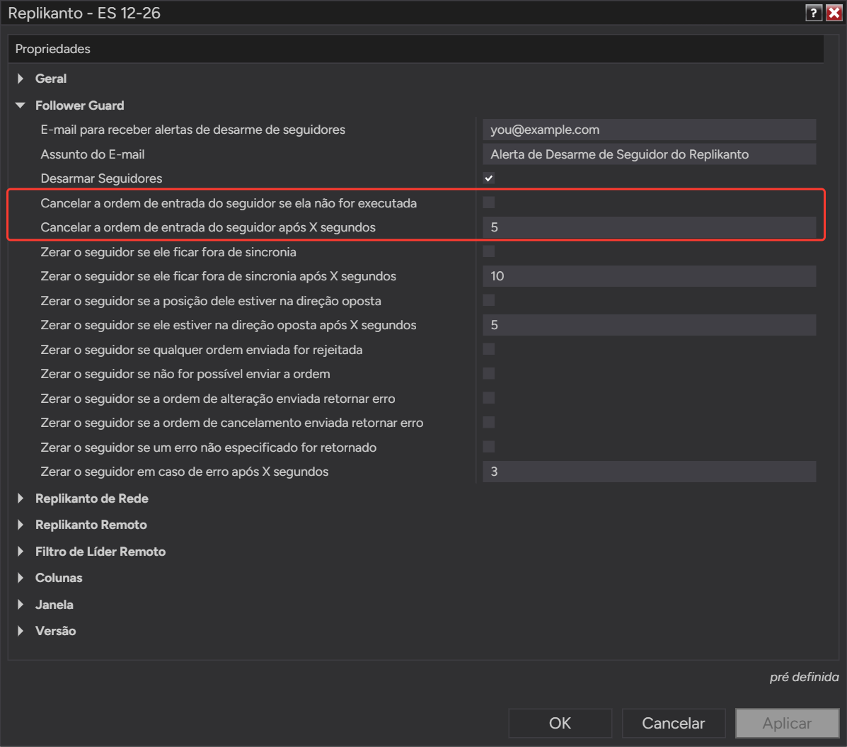 Opções do Follower Guard Cancelar a ordem de entrada do seguidor se ela não for executada e Cancelar a ordem de entrada do seguidor após X segundos (5)