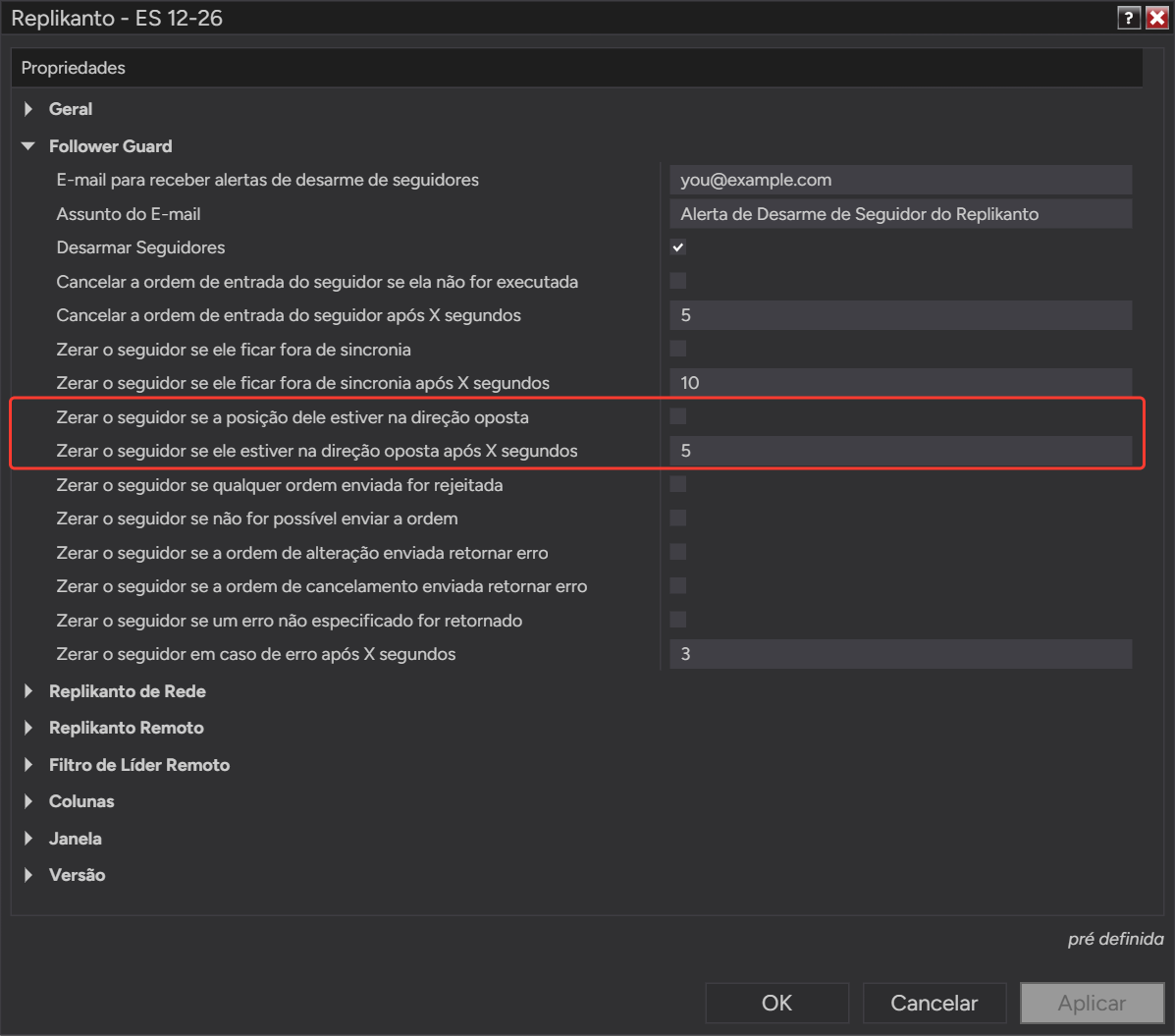 Opções do Follower Guard Zerar o seguidor se a posição dele estiver na direção oposta e o respectivo tempo em segundos (5)