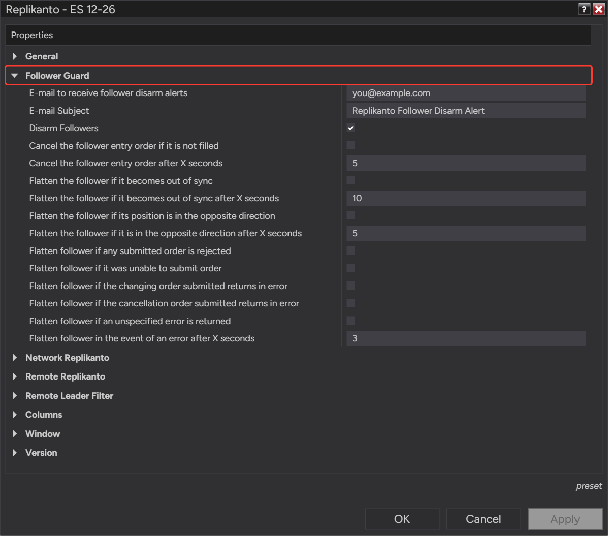 Replikanto Properties with the Follower Guard group expanded, showing all its options