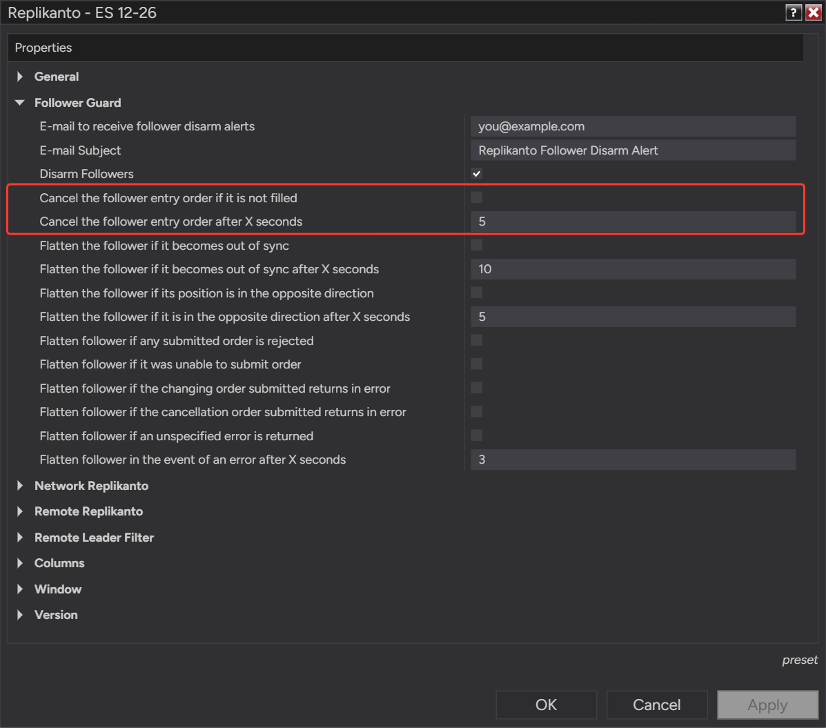 Follower Guard options Cancel the follower entry order if it is not filled and Cancel the follower entry order after X seconds (5)