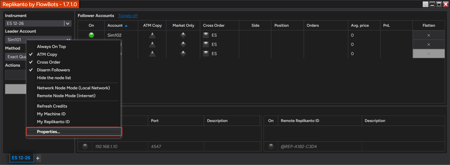 Replikanto right-click menu with Properties... highlighted