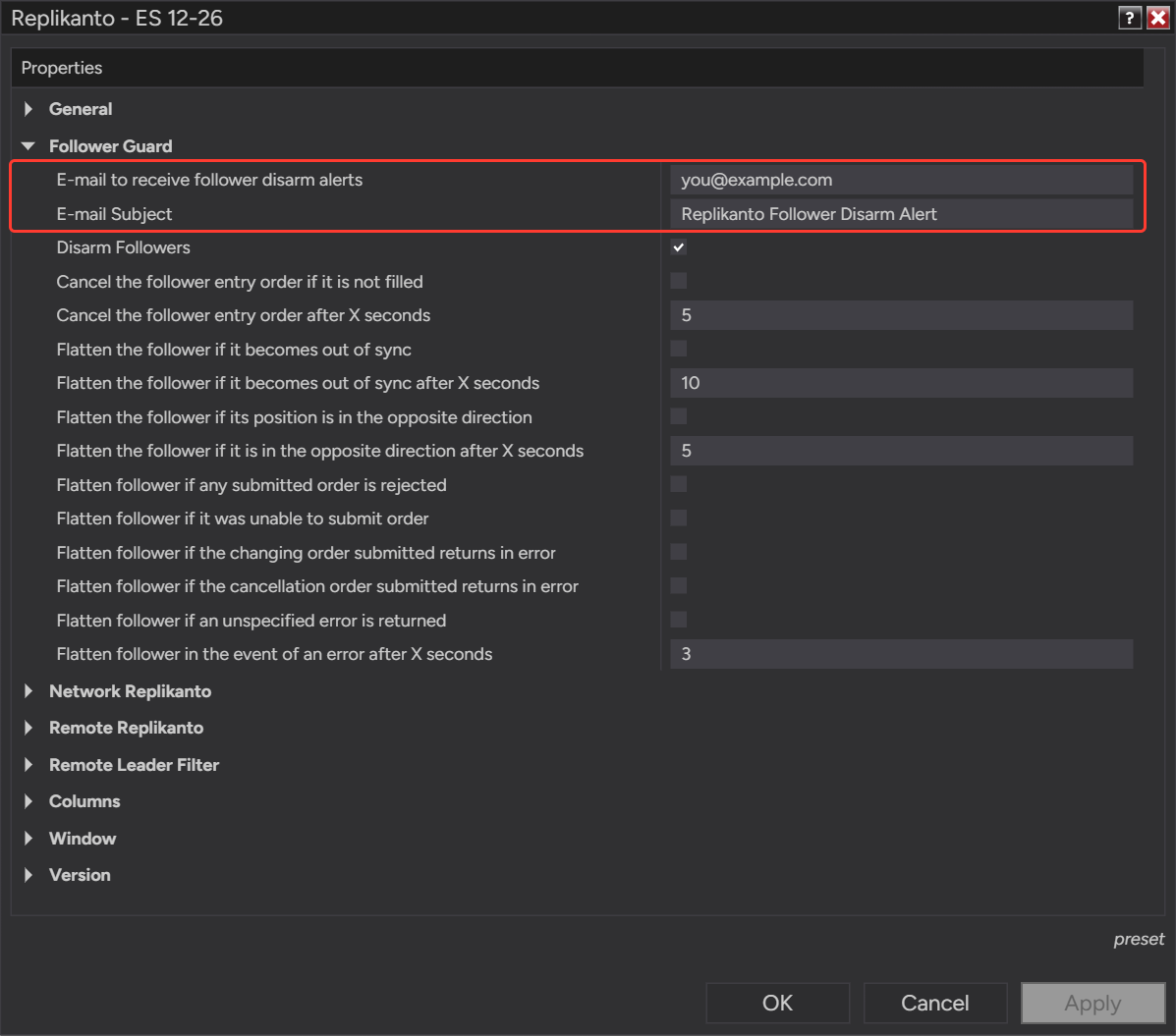 Replikanto Properties, Follower Guard group, with the e-mail address and e-mail subject fields marked