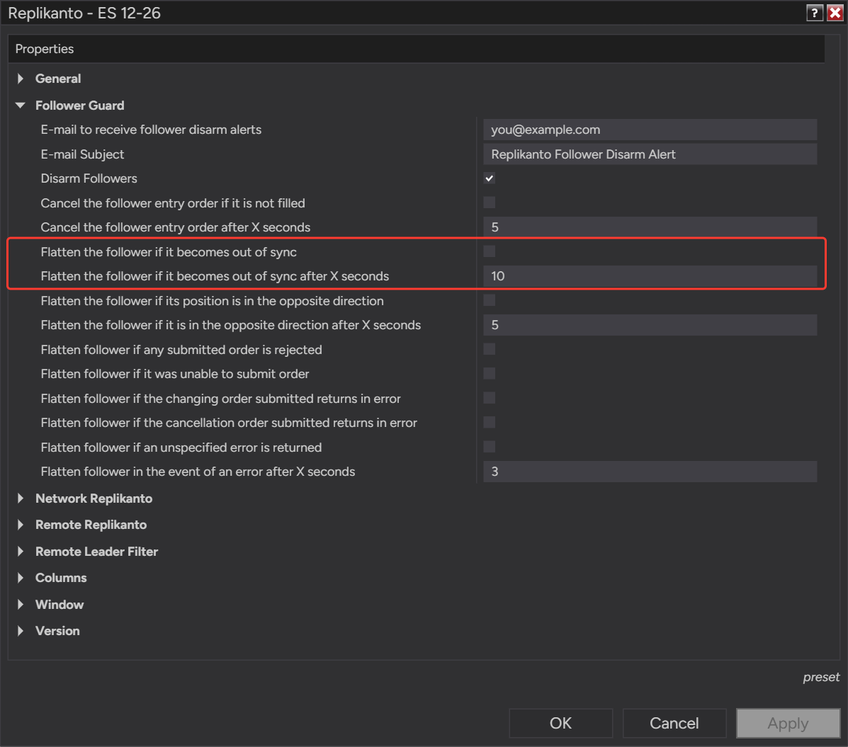Follower Guard options Flatten the follower if it becomes out of sync and Flatten the follower if it becomes out of sync after X seconds (10)