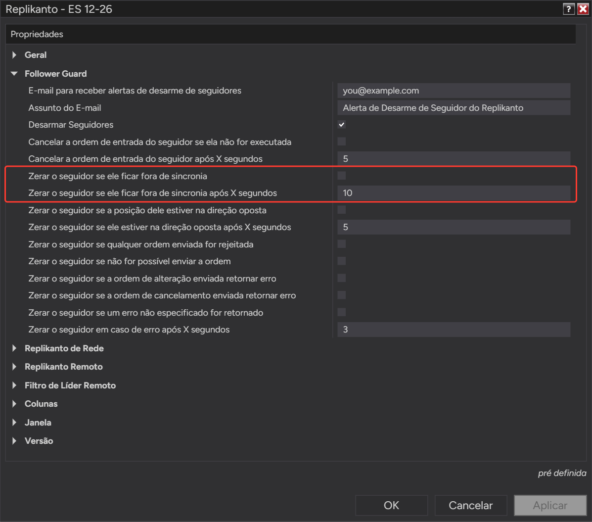 Opções do Follower Guard Zerar o seguidor se ele ficar fora de sincronia e Zerar o seguidor se ele ficar fora de sincronia após X segundos (10)