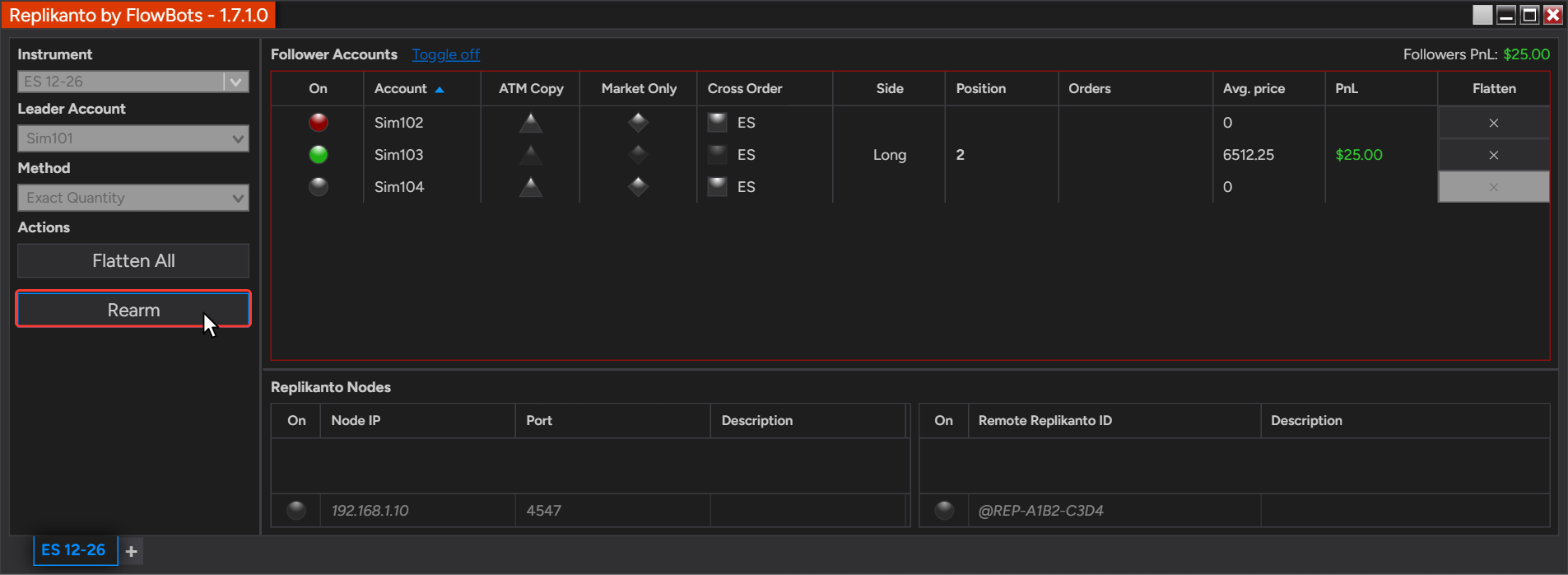 Replikanto with Sim102 disarmed (red) and the Rearm button enabled and marked