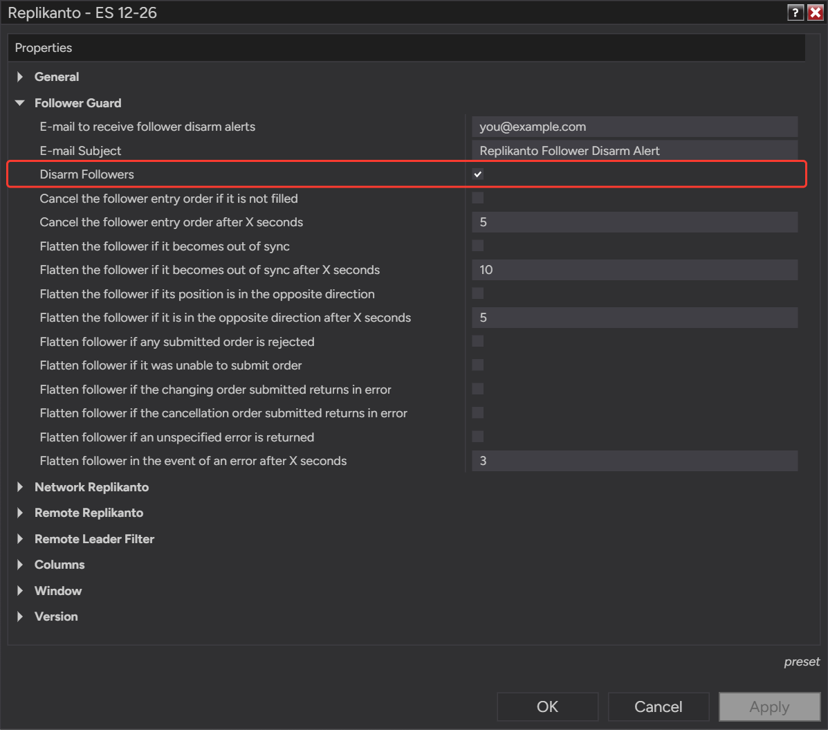 Replikanto Properties, Follower Guard group, with the Disarm Followers option marked