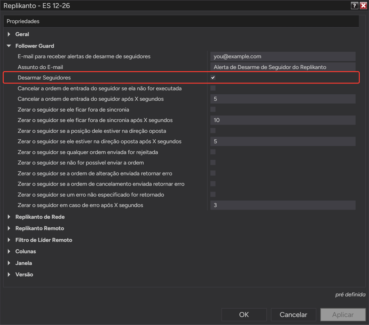 Propriedades do Replikanto, grupo Follower Guard, com a opção Desarmar Seguidores destacada