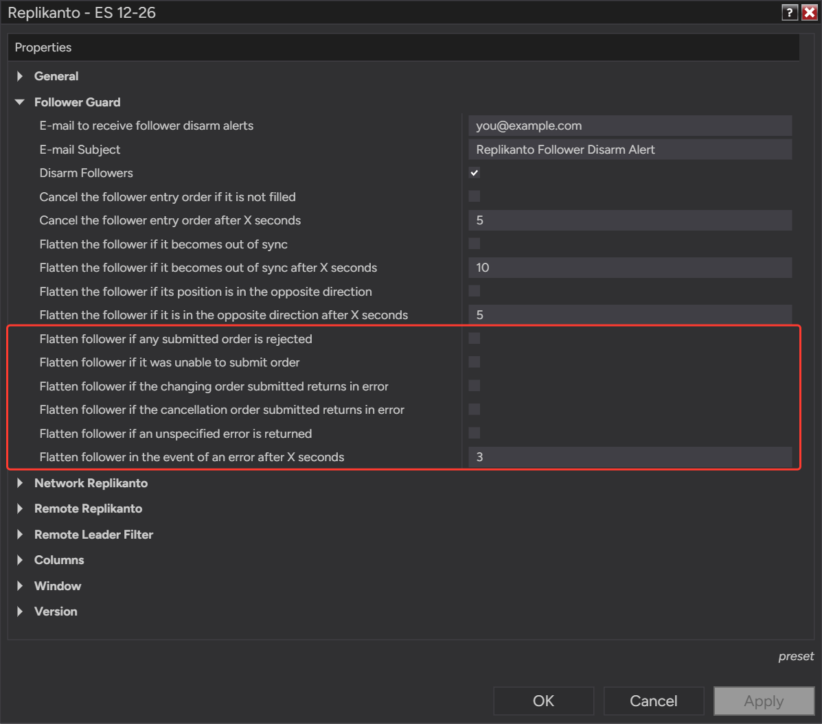 The five Follower Guard order-error options and Flatten follower in the event of an error after X seconds (3)