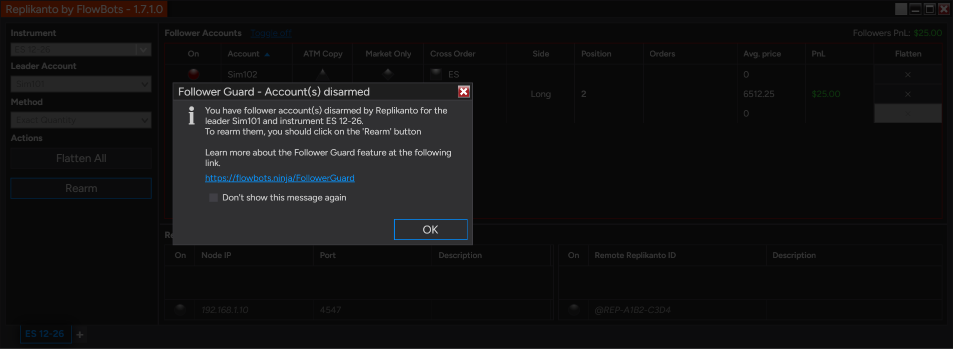 Follower Guard - Account(s) disarmed message for leader Sim101 and instrument ES 12-26, with Sim102 disarmed in the grid