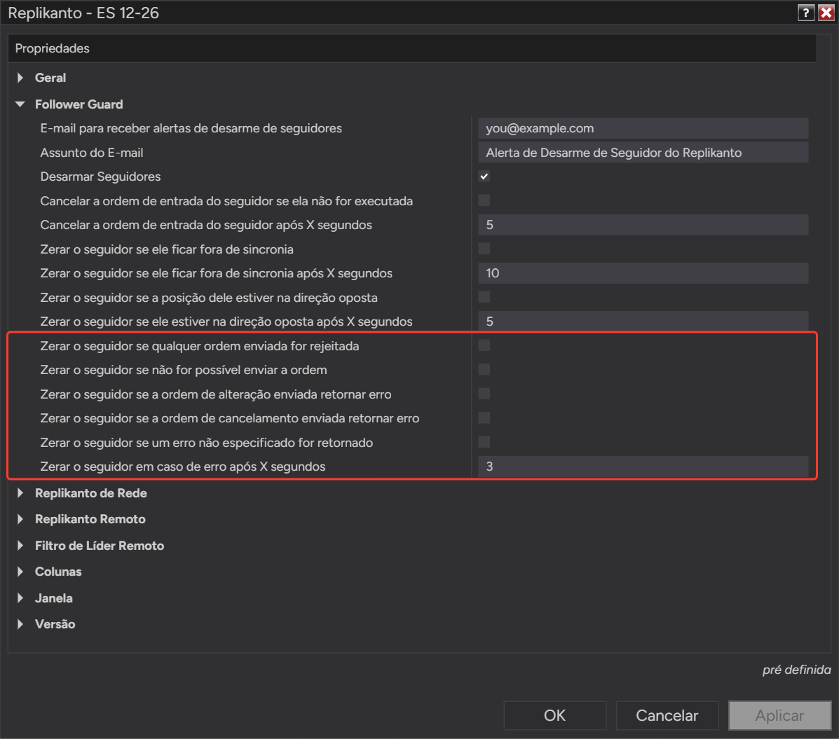 As cinco opções do Follower Guard para erros de ordem e Zerar o seguidor em caso de erro após X segundos (3)